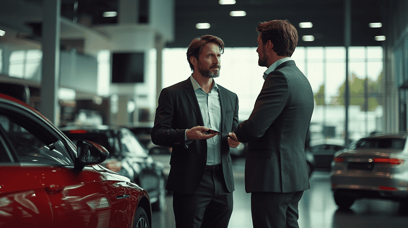 car dealers discussing in car dealership store