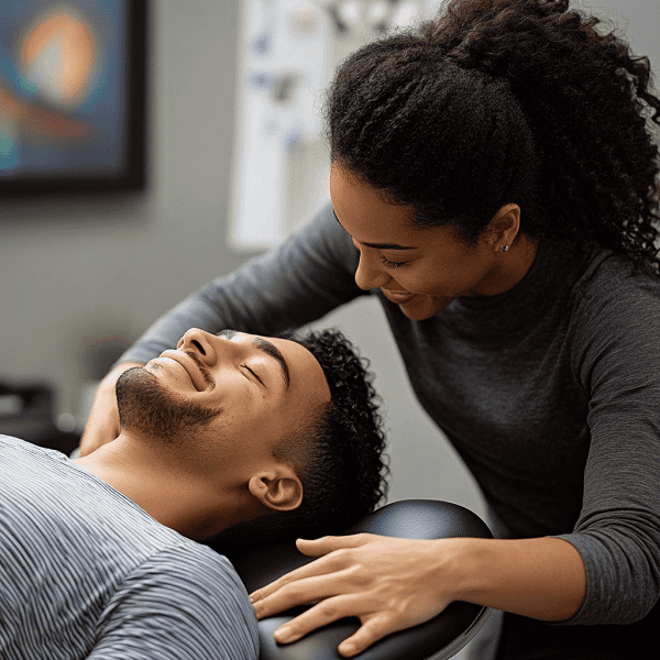 female chiropractor in clinic with male patient