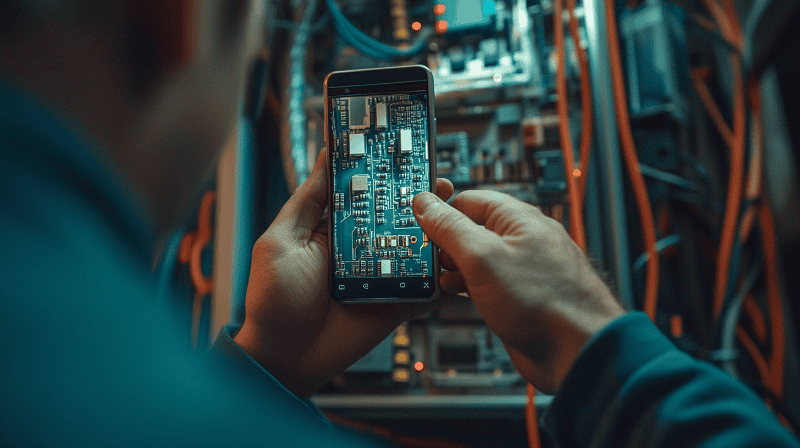 electrician working on maintenance using mobile phone