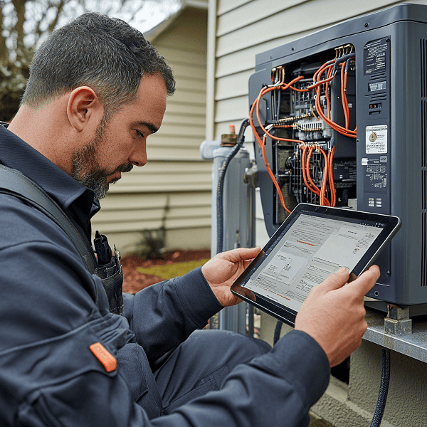 HVAC Technician troubleshooting a system remotely on a tablet