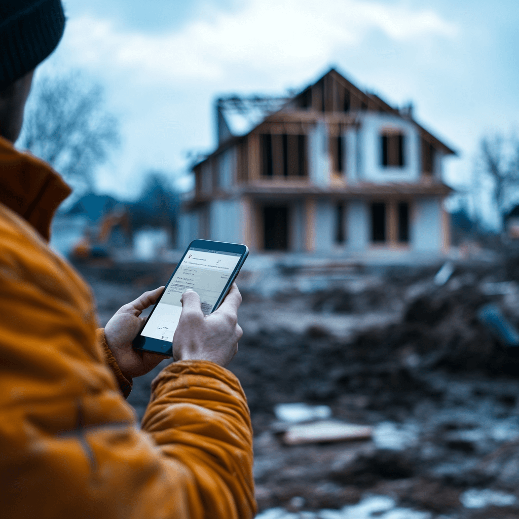 a person searching on his phone with a house that needs construction in the background.