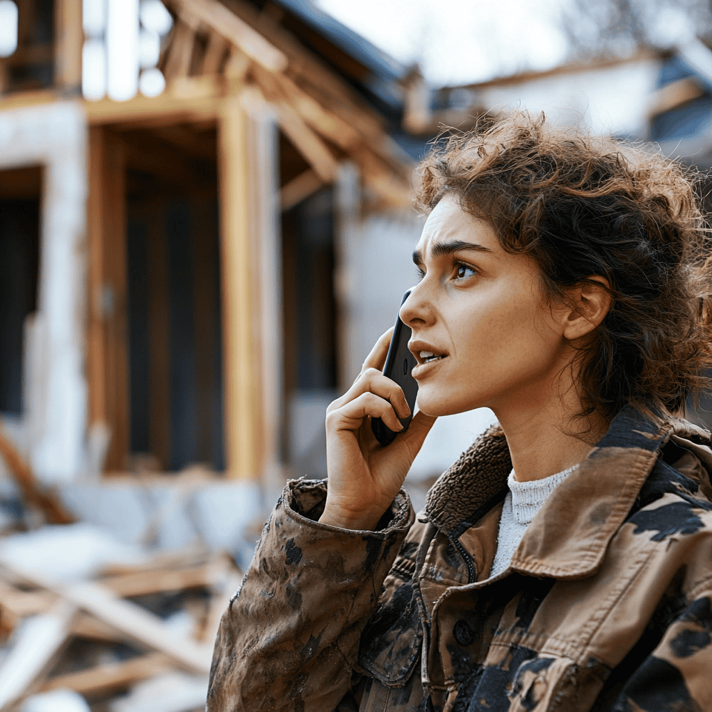 a women talking on her phone her house that need construction is in the background.