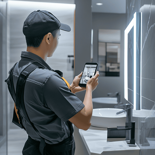 professional cleaning staff member using phone