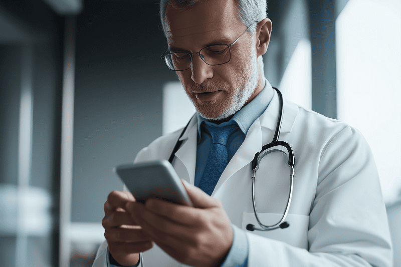 doctor looking at phone working on client scheduling