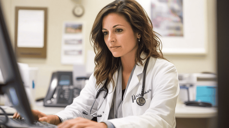 female doctor working on computer in her office