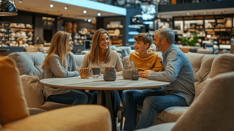 family discussing in table at furniture store