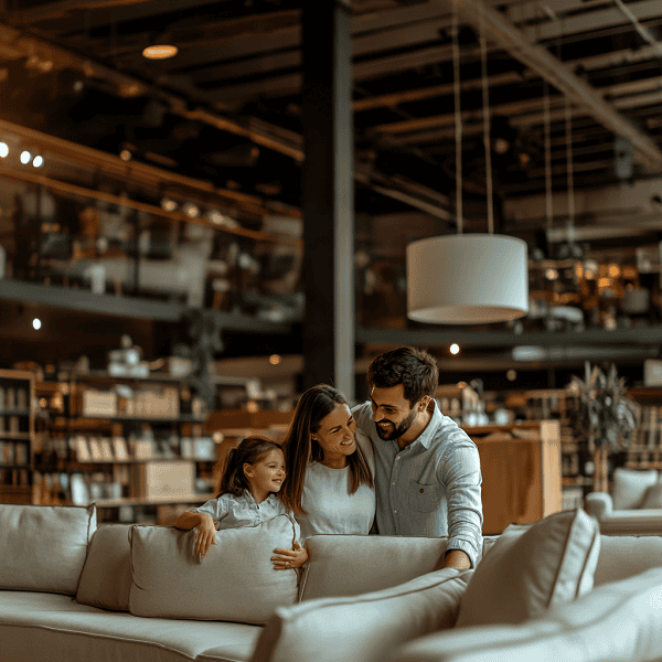 family happily looking at furniture in store