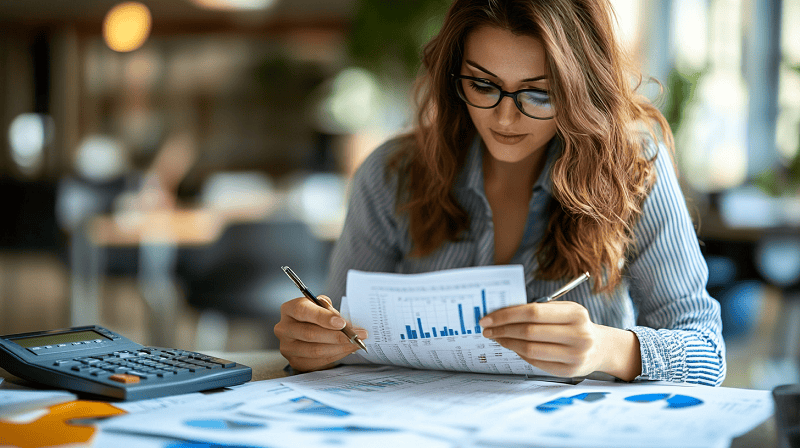 female accountant working on reports looking over documents