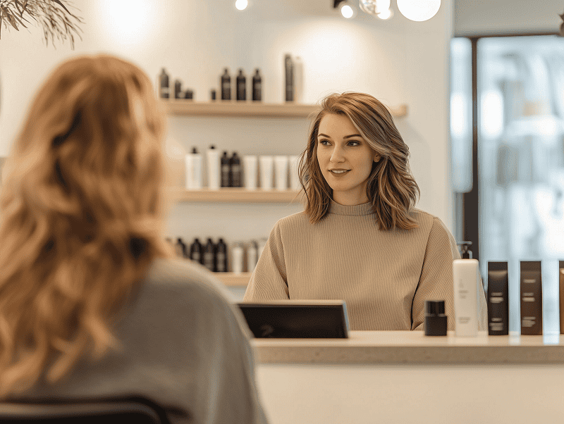 hair salon front desk attending to customer