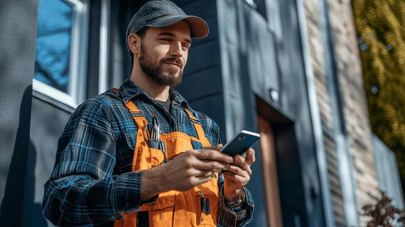 handyman on the job looking at mobile phone