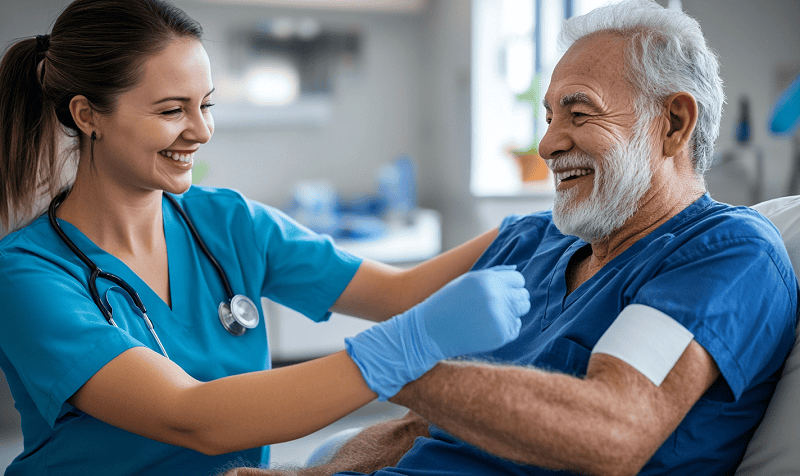 nurse in blue scrubs working on patient