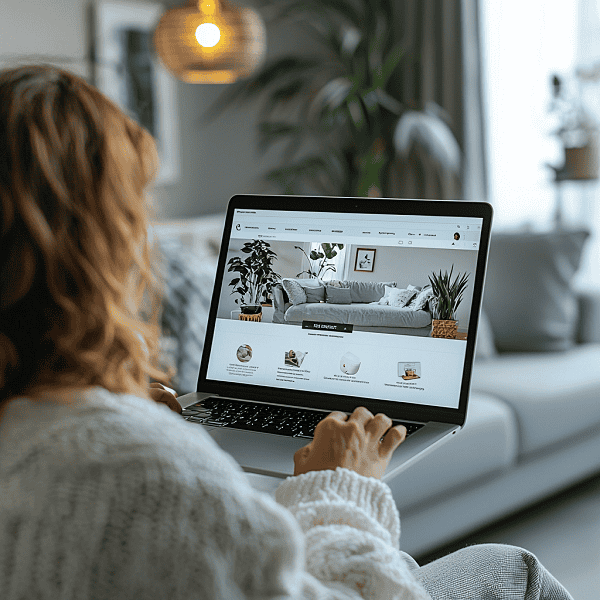 customer checking out furniture store website on laptop