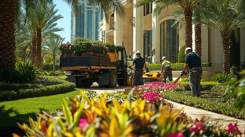 landscaping company employees unloading supply