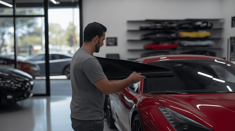 car detailing shop with man working on red car