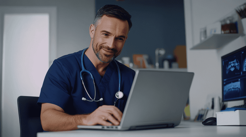 male doctor working in computer having a meeting