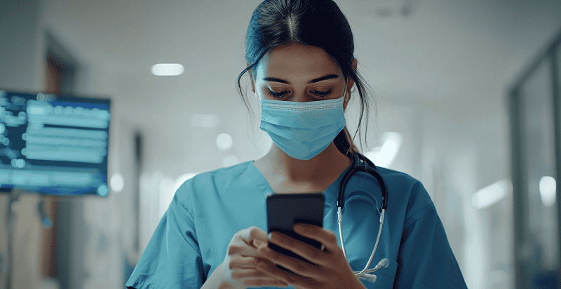 nurse wearing scrubs using phone