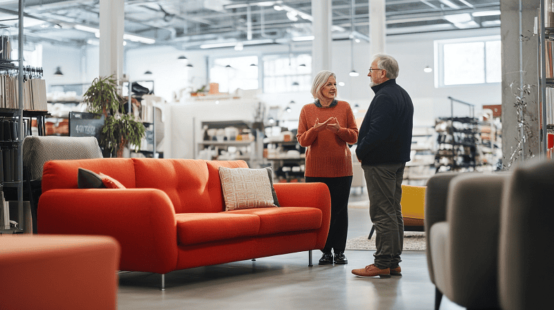 old couple talking about purchase in furniture store