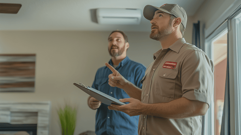 hvac contractor explains a problem to the homeowner in the living room