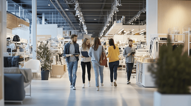 people walking inside of furniture store