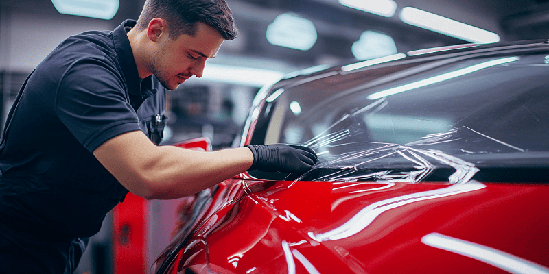 car detailer working on red car