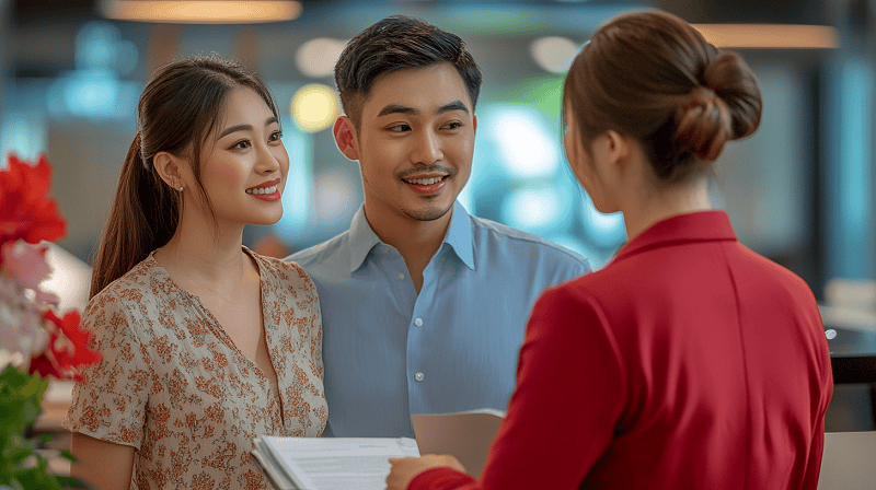 asian couple inquiring about travel plans with agency