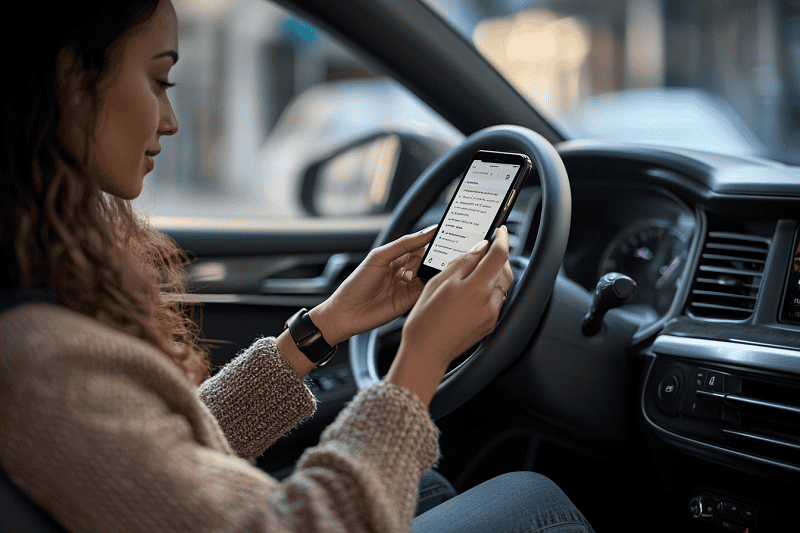 woman holding phone looking up car deals