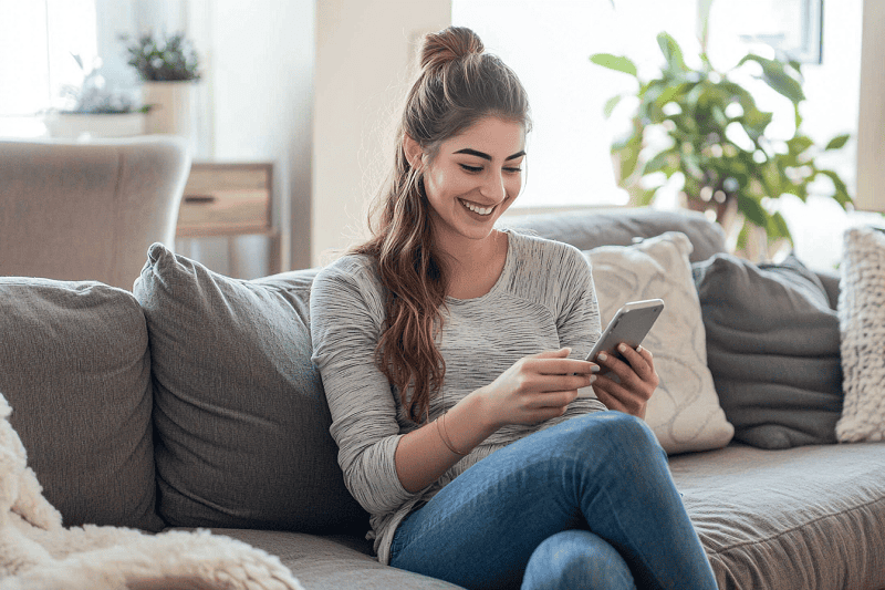 woman sitting on the sofa using her phone