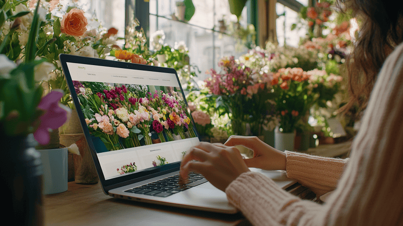 florist working on laptop managing website