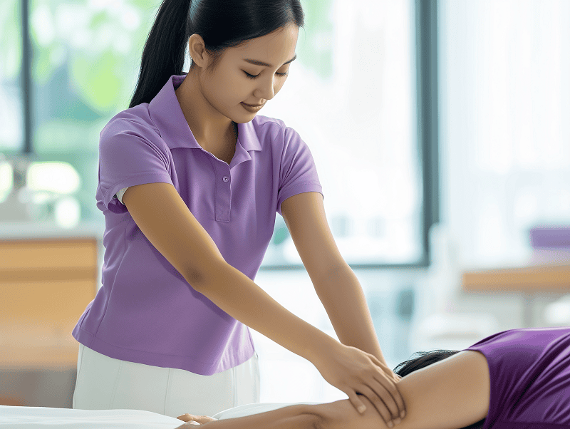 young female chiropractor wearing purple uniform