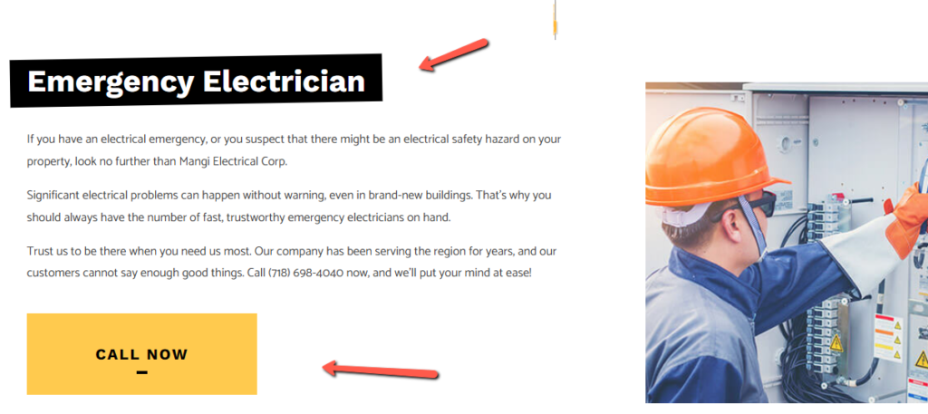 emergency electrician page from mangielectricalcorp.com