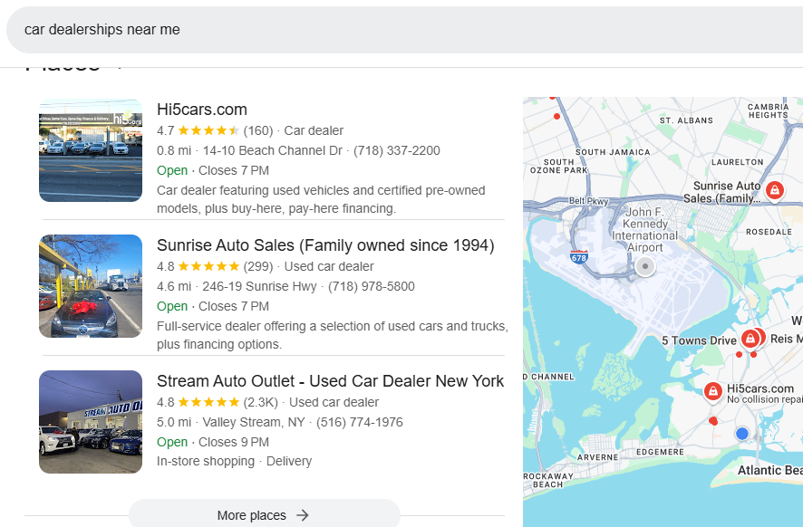 screenshot of google search for car dealership near me