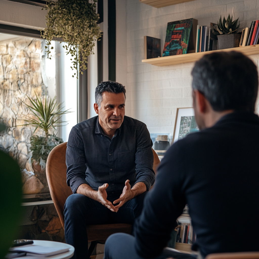 therapist sitting in his office talking with a client